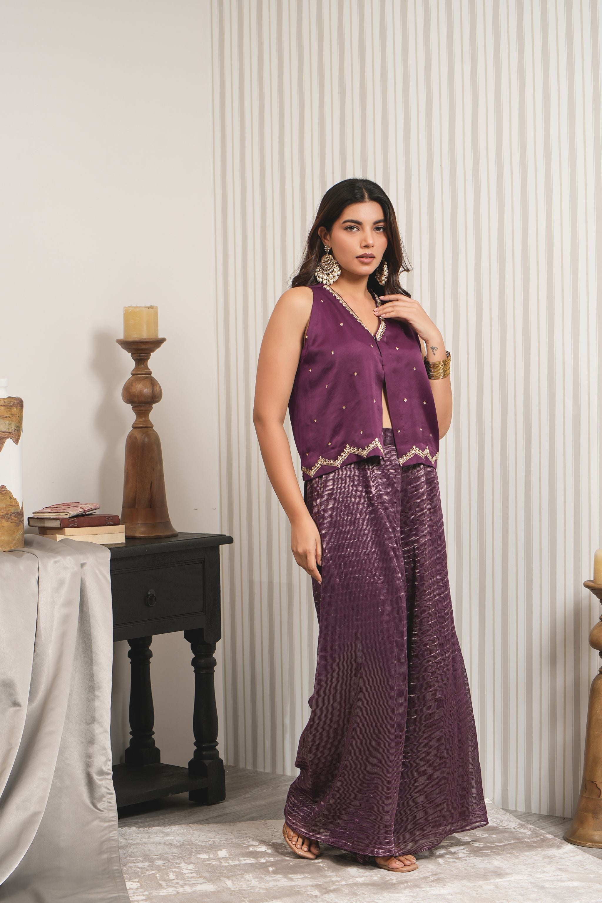 Embroidered Short Kurti Sharara Set - Wine