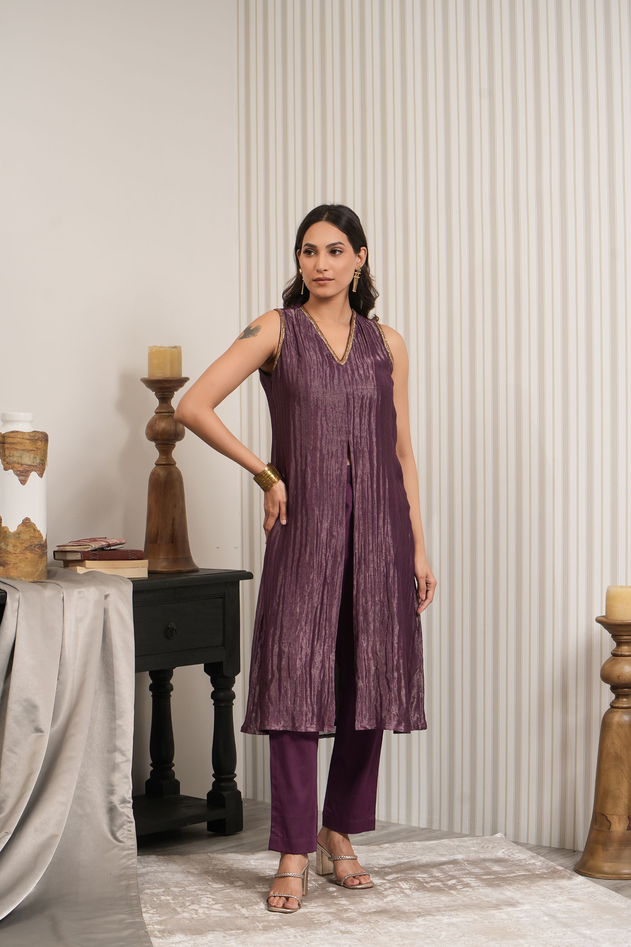 Chanderi Silk A-line Kurta Set - Wine