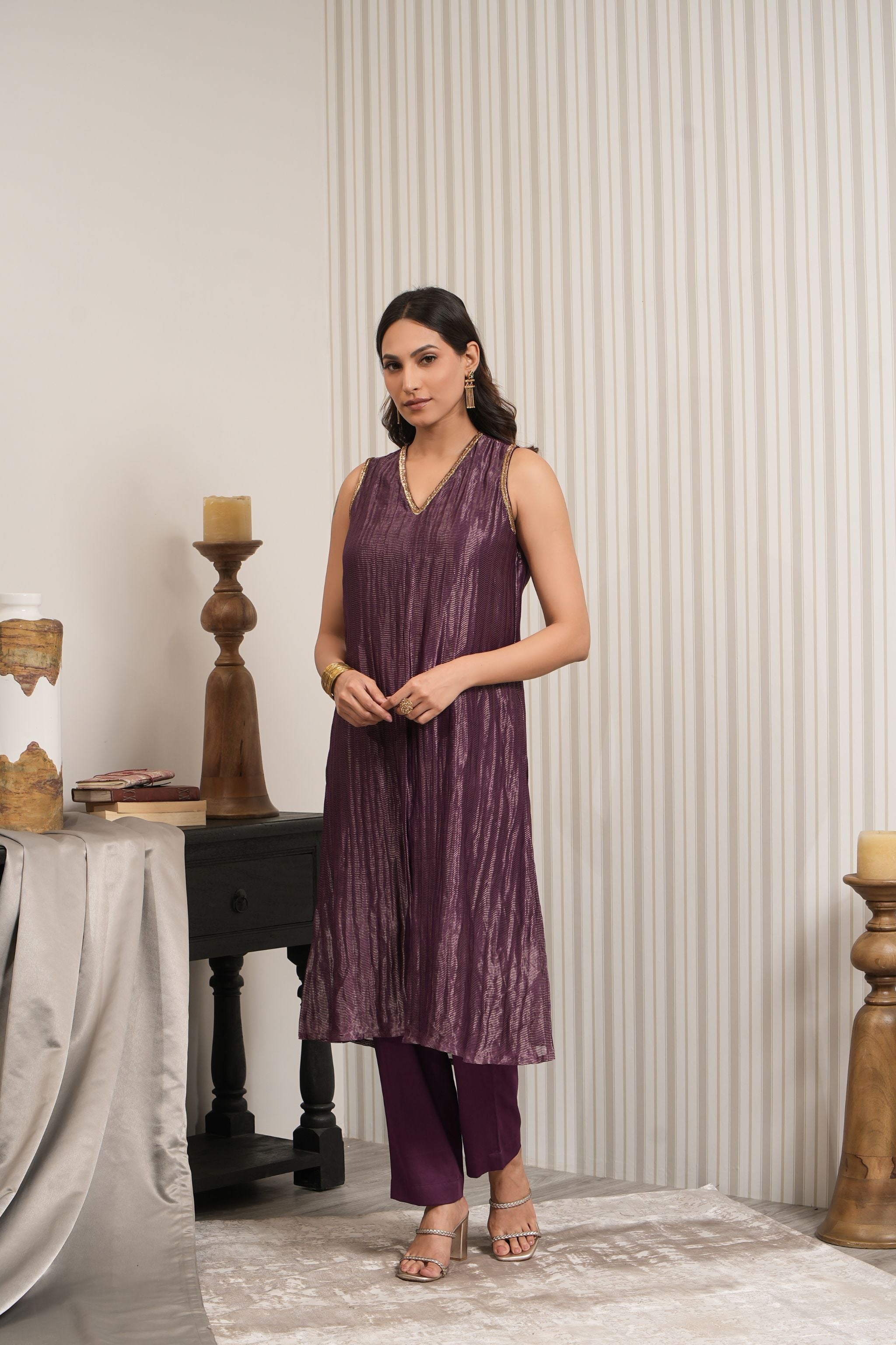 Chanderi Silk A-line Kurta Set - Wine