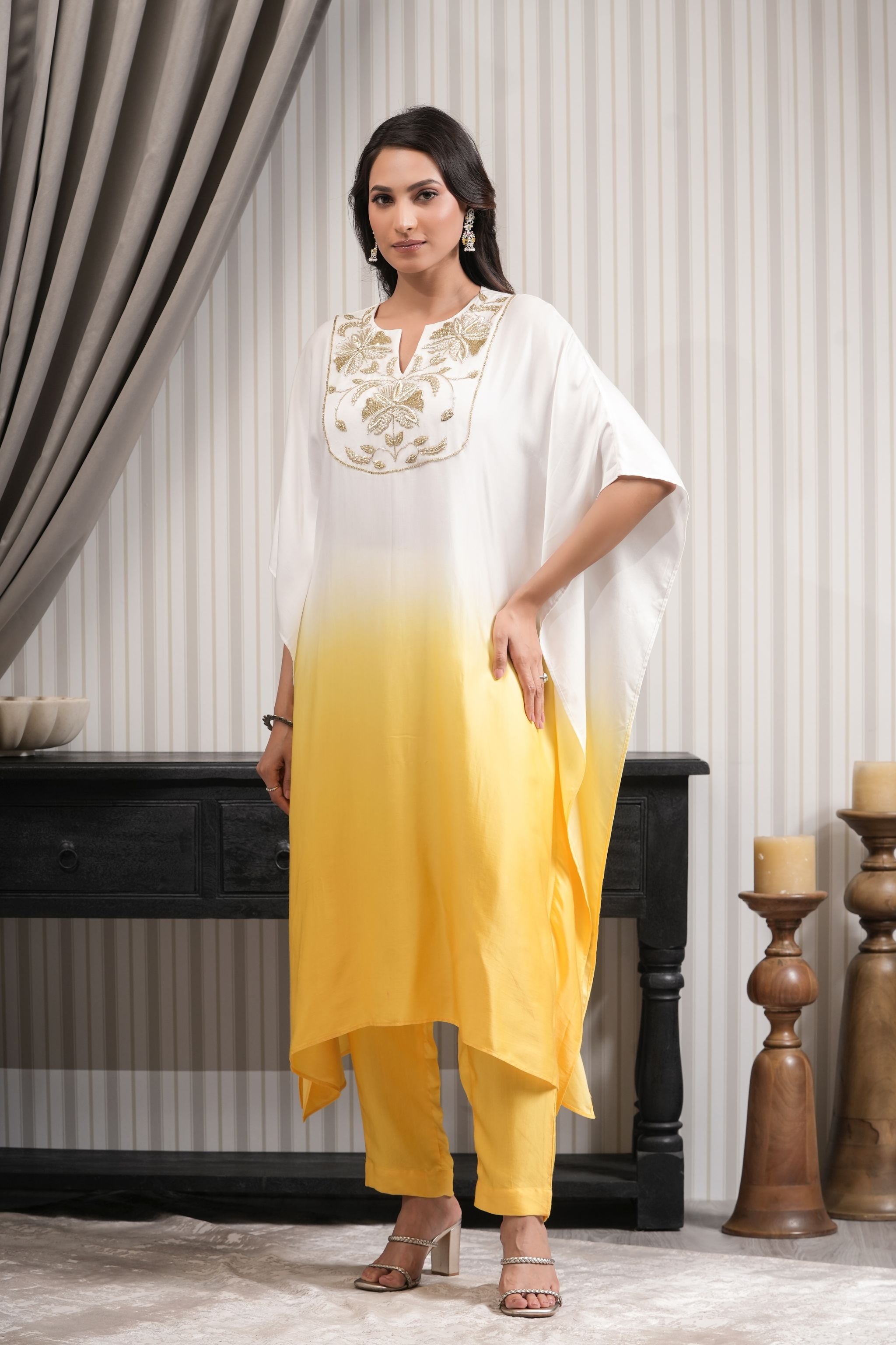 Embroidered Asymmetric Kurta Set - Yellow