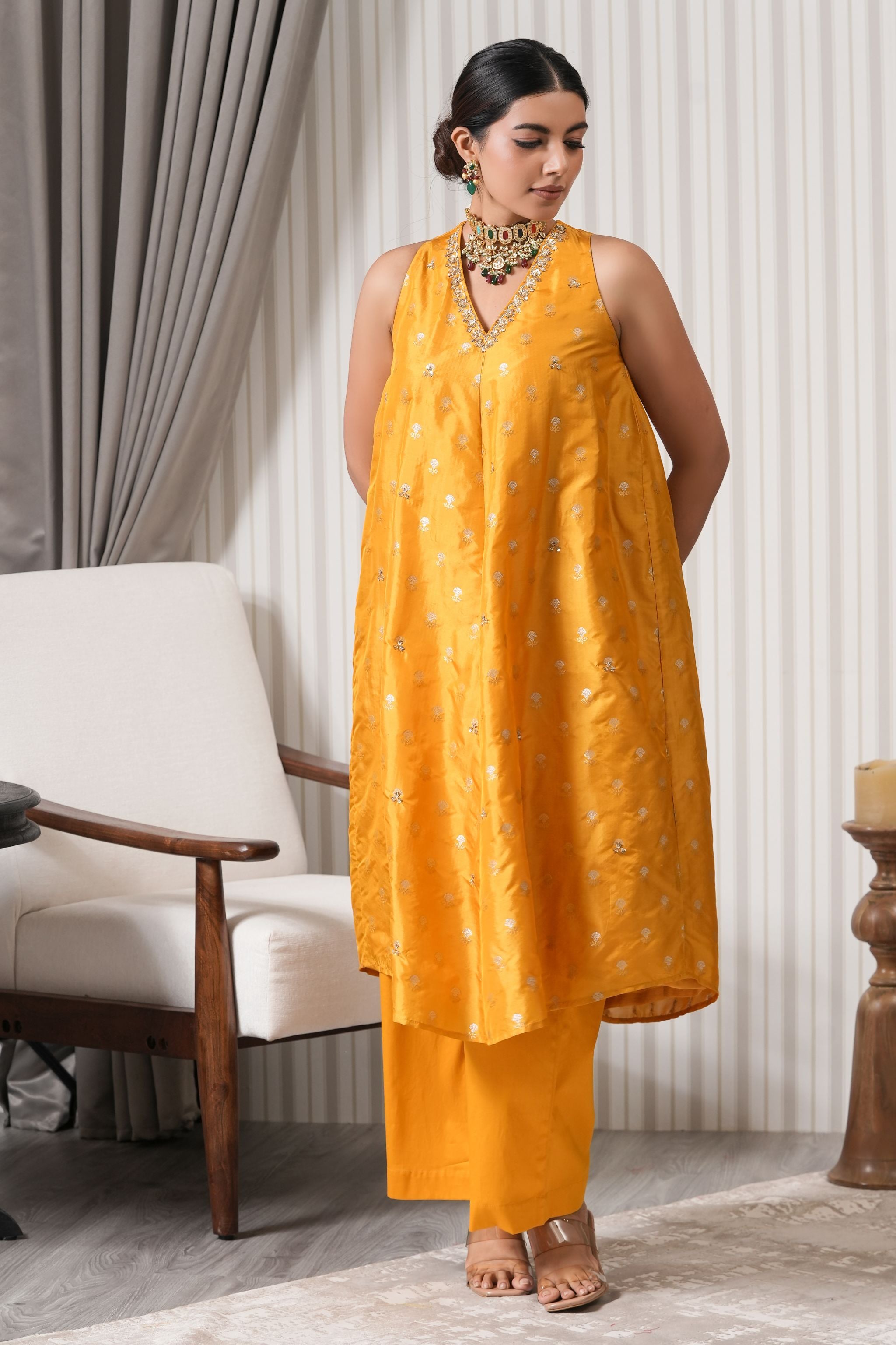 Embroidered Pure Brocade A-line Kurta Set - Yellow