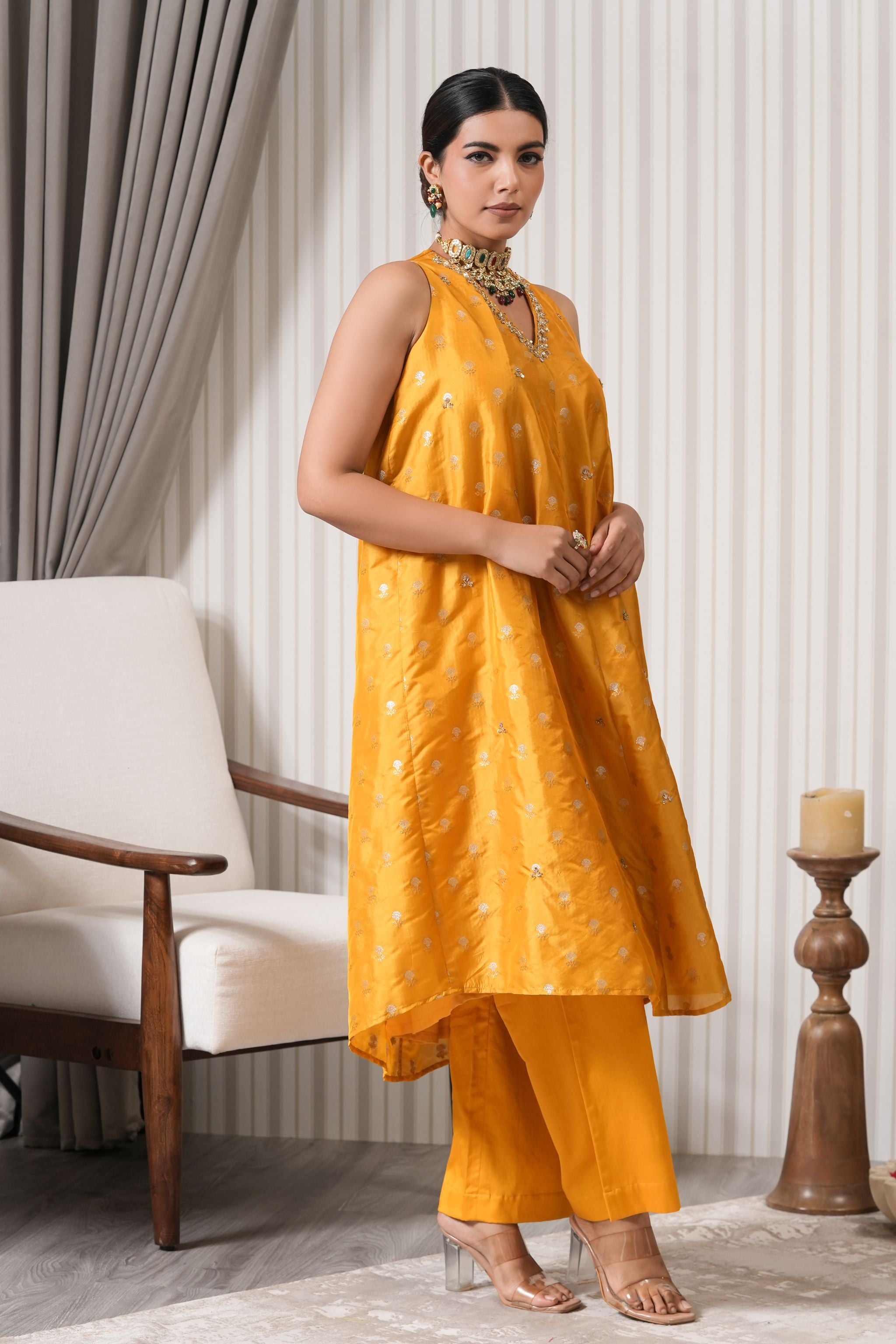 Embroidered Pure Brocade A-line Kurta Set - Yellow