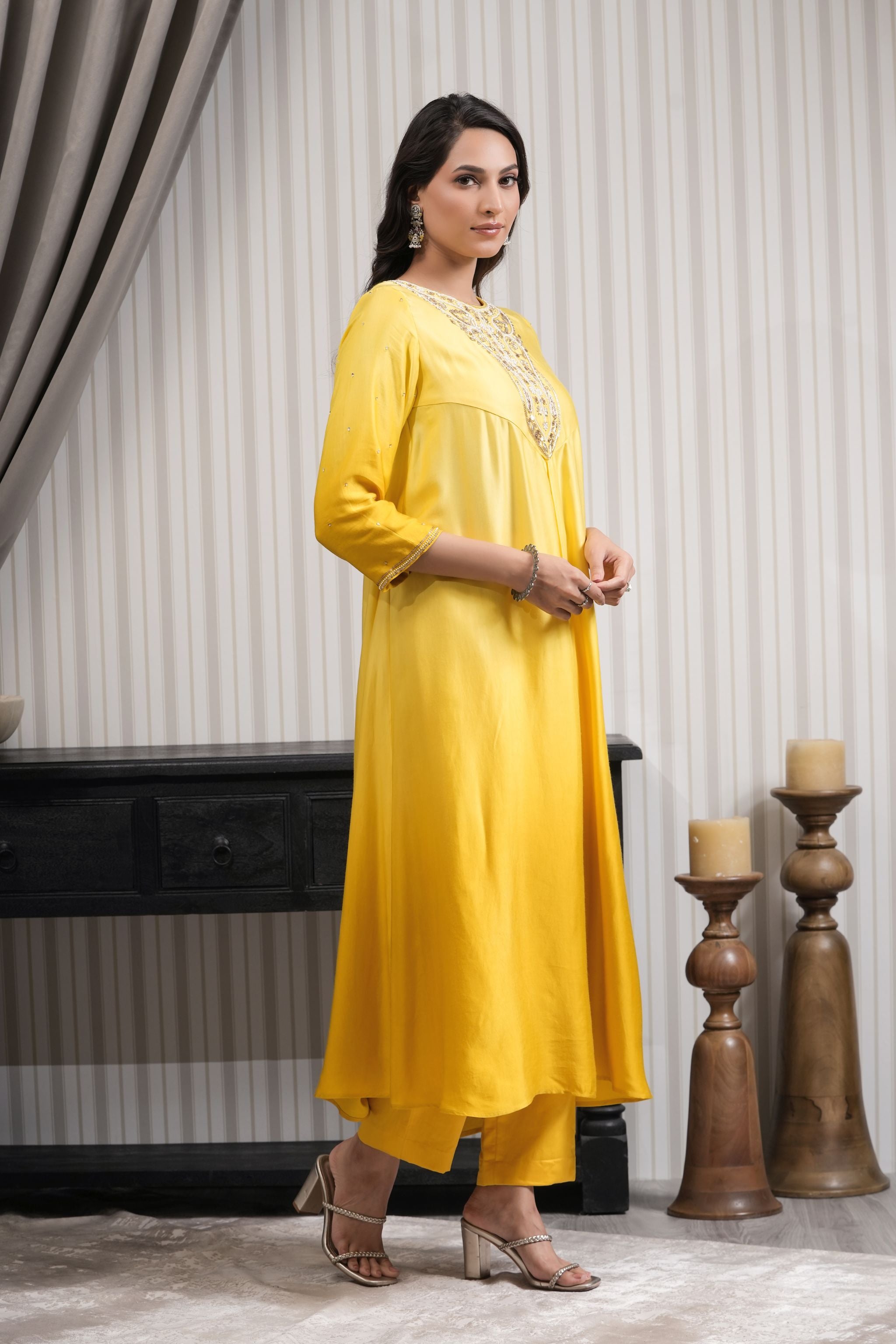 Embroidered Silk A-line Kurta Set - Yellow